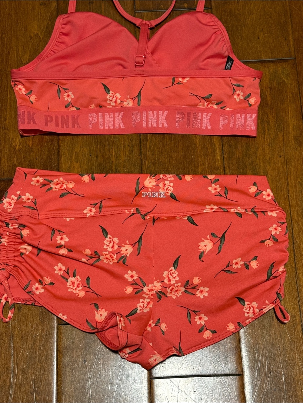 PINK Victoria's Secret NWOT Coral Floral Racerback Swim Top & Boyshorts Size Med - Picture 7 of 8